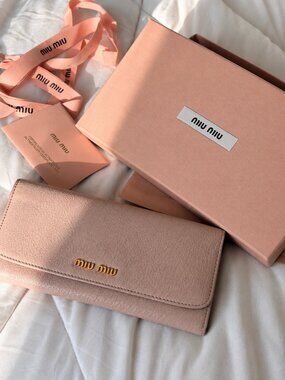 Miu Miu Blush Pink Pebbled Leather Long Wallet Box Ribbon Auth Card